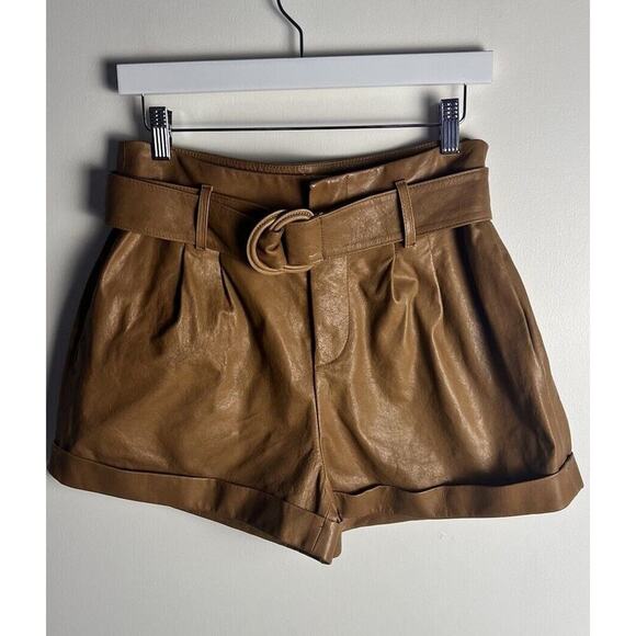 Frame Lambs Leather Pleated Front Belted Paperbag Shorts In Camel Size 28 - Picture 6 of 14